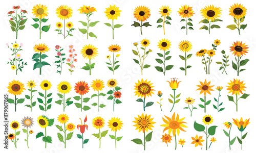 set of different sun flower Flat style vector illustration isolated on a white background
