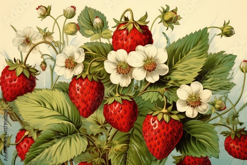 vintage summer background with fresh strawberry illustration