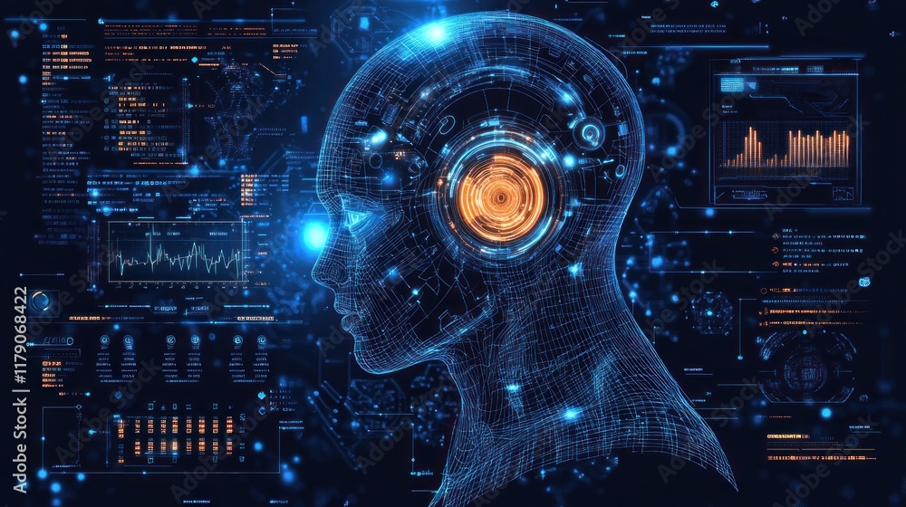 AI head profile with digital data streams and interface. AI head profile with digital data streams and interface.