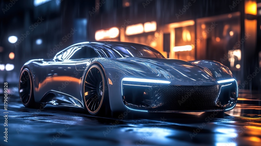 Sleek silver sports car on rain-slick city street at night. Sleek silver sports car on rain-slick city street at night.