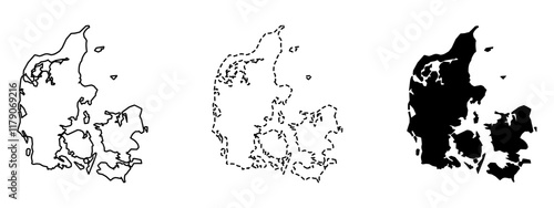 Set of vector maps of Denmark. Mercator projection. Filled and outline.