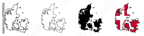 Set of vector maps of Denmark. Mercator projection. Filled and outline.