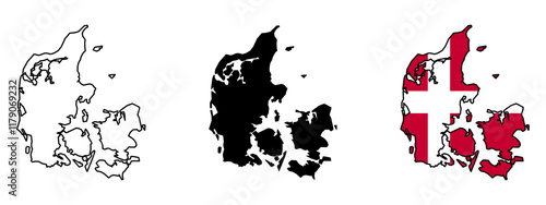 Set of vector maps of Denmark. Mercator projection. Filled and outline.