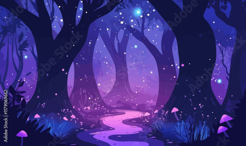 Enchanted Magical Forest Path with Glowing Mushrooms and Mystical Creatures in Flat Vector Style