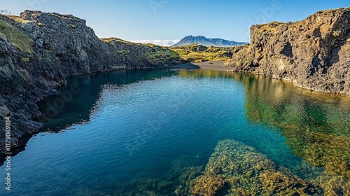 A serene lake mirrors the towering peaks of a mountain, capturing its grandeur and casting an ethereal glow upon the landscape. Arnarstapi, a coastal gem on Sn?fellsnes Peninsula in West Iceland photo