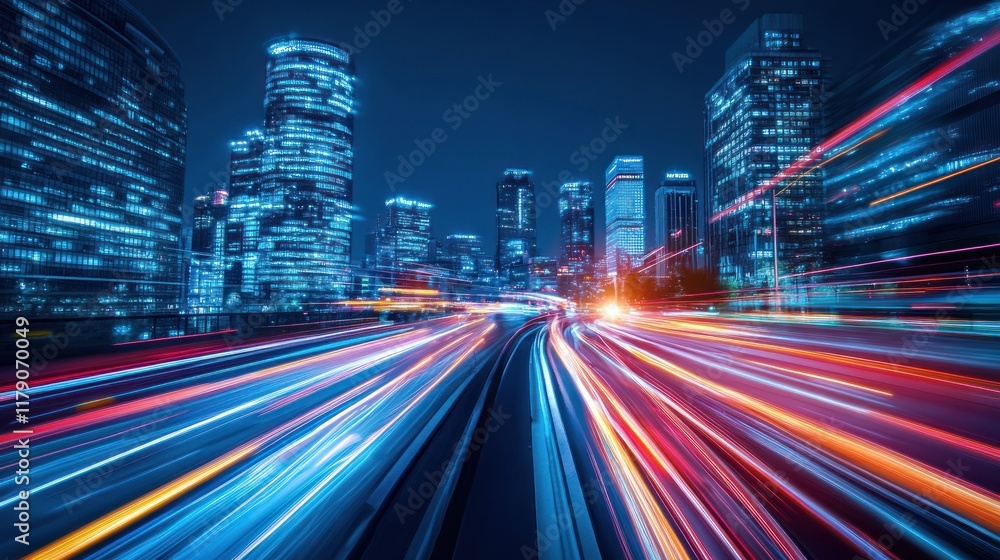 Fototapeta premium Night cityscape with vibrant light trails on highway.