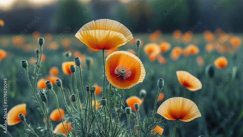 Obraz premium Blooming Opium Poppies in a Spring Meadow - Papaver somniferum