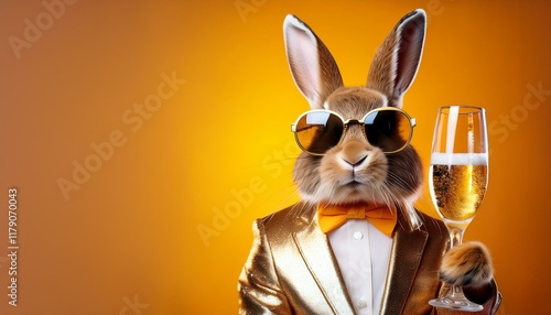 art of festive rabbit wearing stylish sunglasses holds a glass of champagne, easter