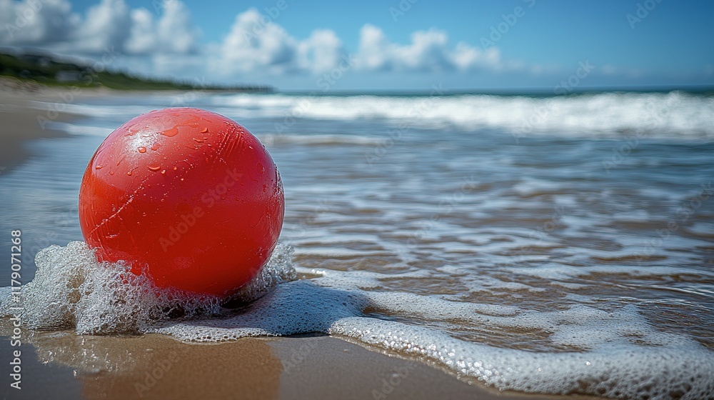 Red Buoy on Sandy Beach Near Ocean Waves Red Buoy on Sandy Beach Near Ocean Waves