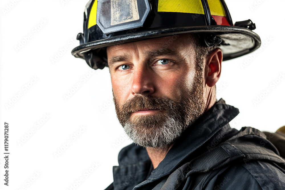 Generative AI Portrait of a Young Emotional Firefighter in Uniform Against White Background Generative AI Portrait of a Young Emotional Firefighter in Uniform Against White Background