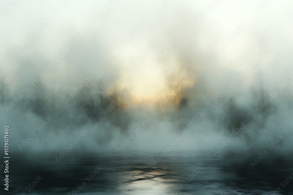 Fototapeta premium Misty forest sunrise, ethereal landscape.