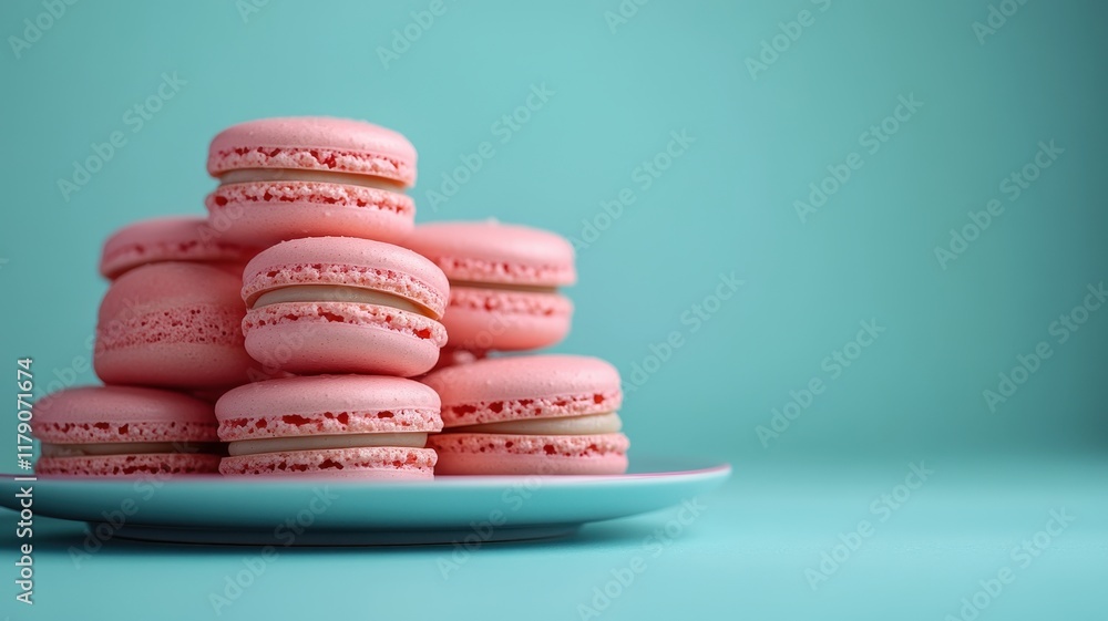 Fototapeta premium Delicious strawberry macarons displayed on a ceramic plate bright background food photography artistic view