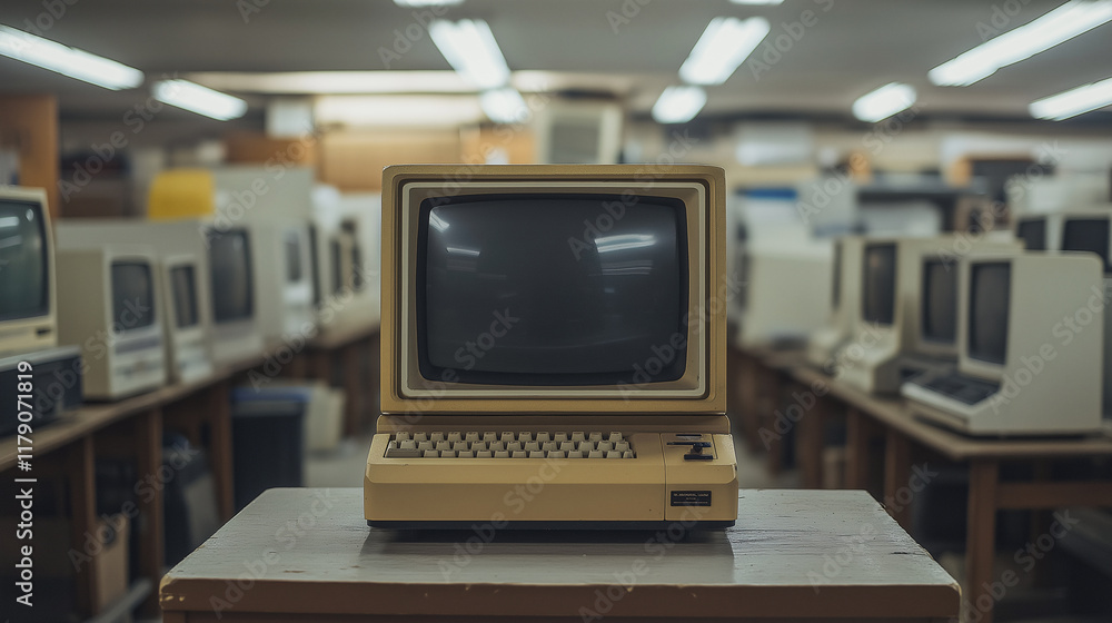 Retro computer on wooden table, 1980s style Retro computer on wooden table, 1980s style