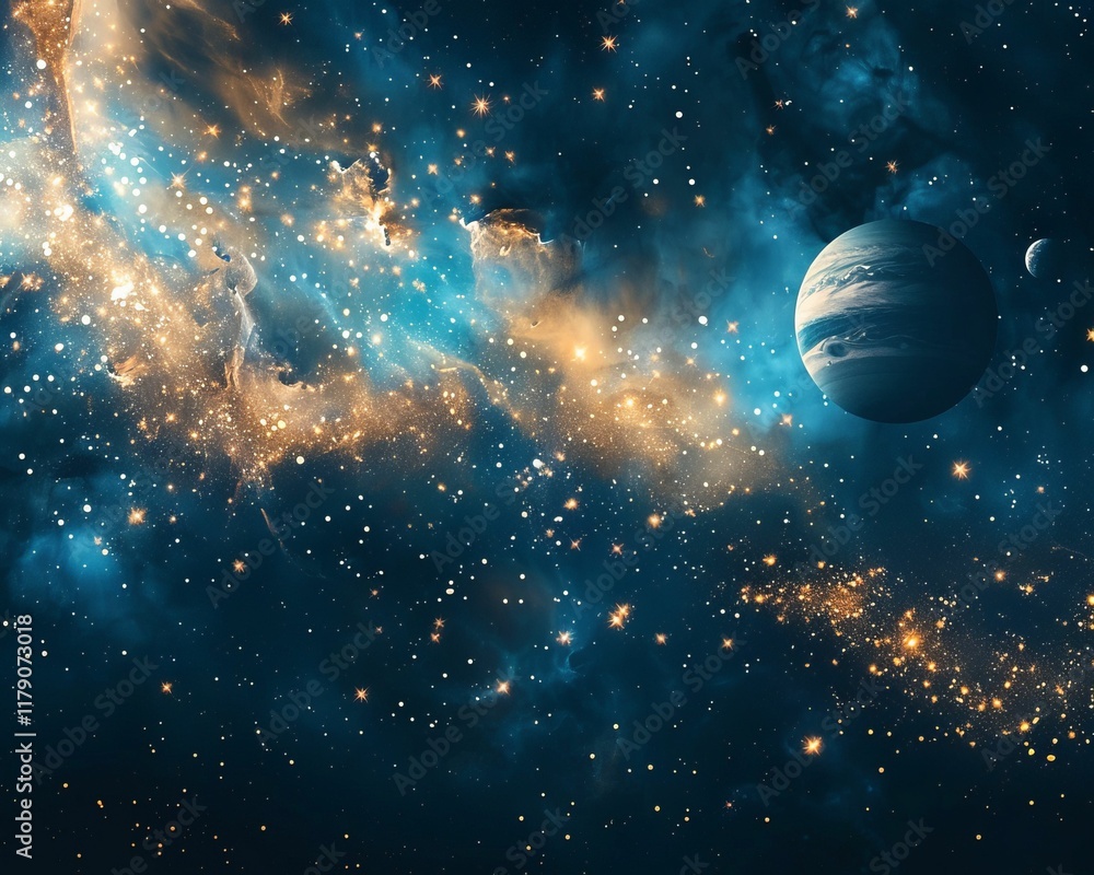 Outer space with planets and stars, deep indigo and rich gold colors background. AI generative Outer space with planets and stars, deep indigo and rich gold colors background. AI generative