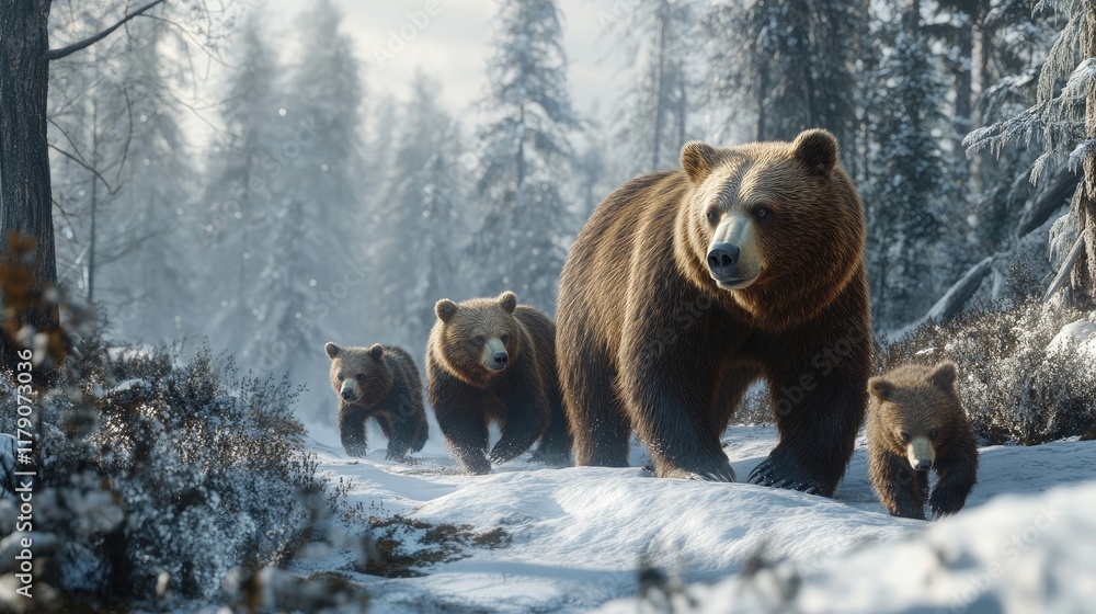 A family of bears wandering through a snowy forest, their fur contrasting with the white landscape. A family of bears wandering through a snowy forest, their fur contrasting with the white landscape.