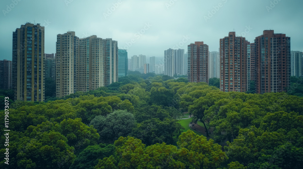 Aerial view of city skyline surrounded by lush green trees, showcasing urban nature. contrast between buildings and greenery creates serene atmosphere Aerial view of city skyline surrounded by lush green trees, showcasing urban nature. contrast between buildings and greenery creates serene atmosphere