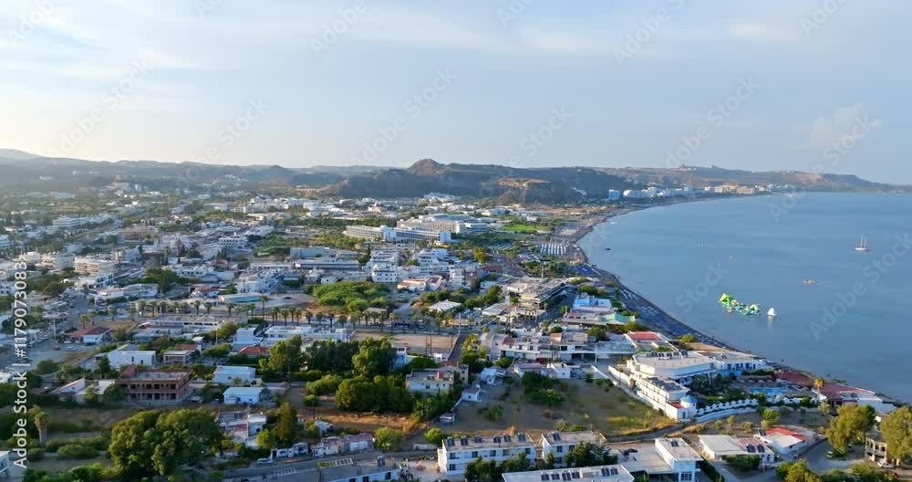 Aerial view backwards over the townscape of Faliraki village, in sunny Rhodes Aerial view backwards over the townscape of Faliraki village, in sunny Rhodes