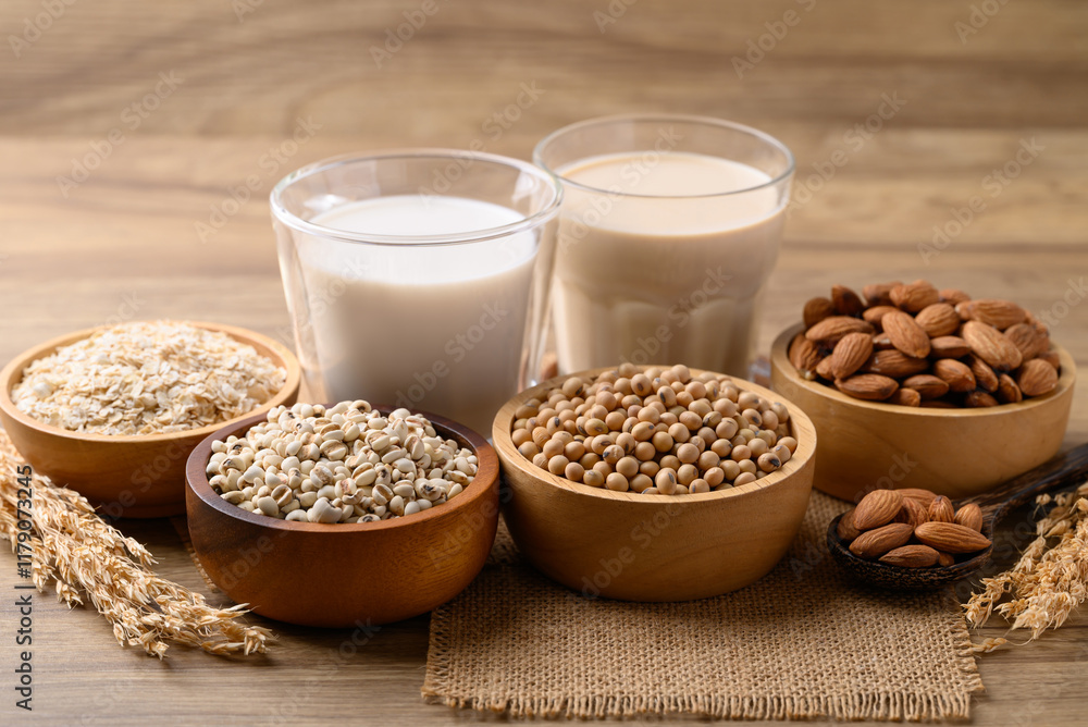 Alternative milk made from plant on wooden background, non dairy, Vegan food Alternative milk made from plant on wooden background, non dairy, Vegan food