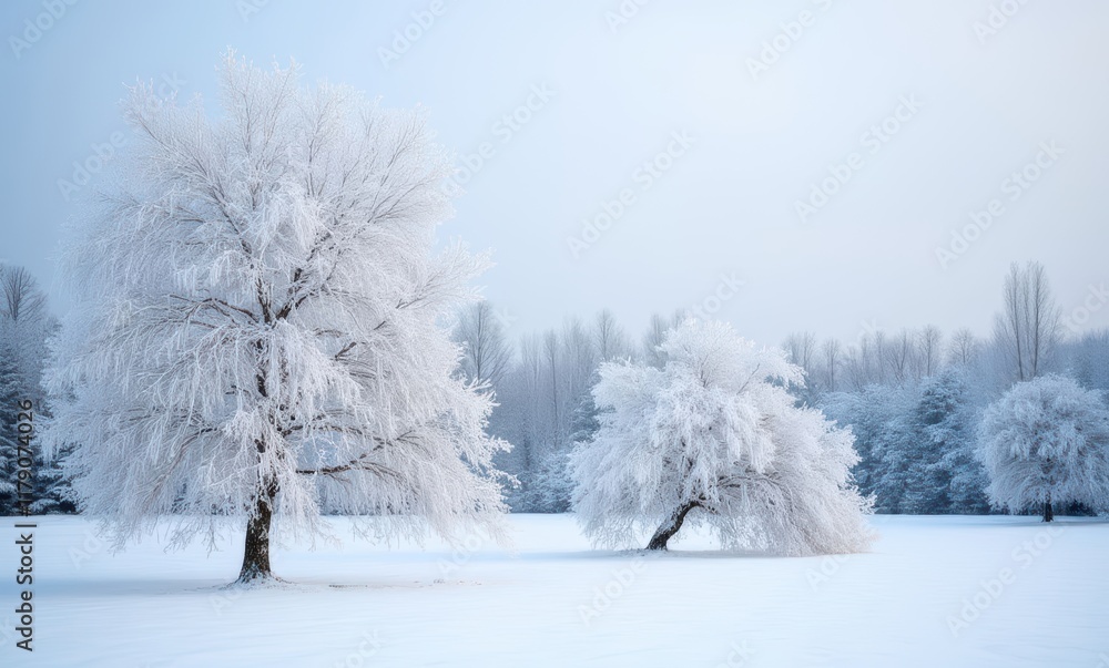 Snow-covered trees in tranquil winter landscape Snow-covered trees in tranquil winter landscape
