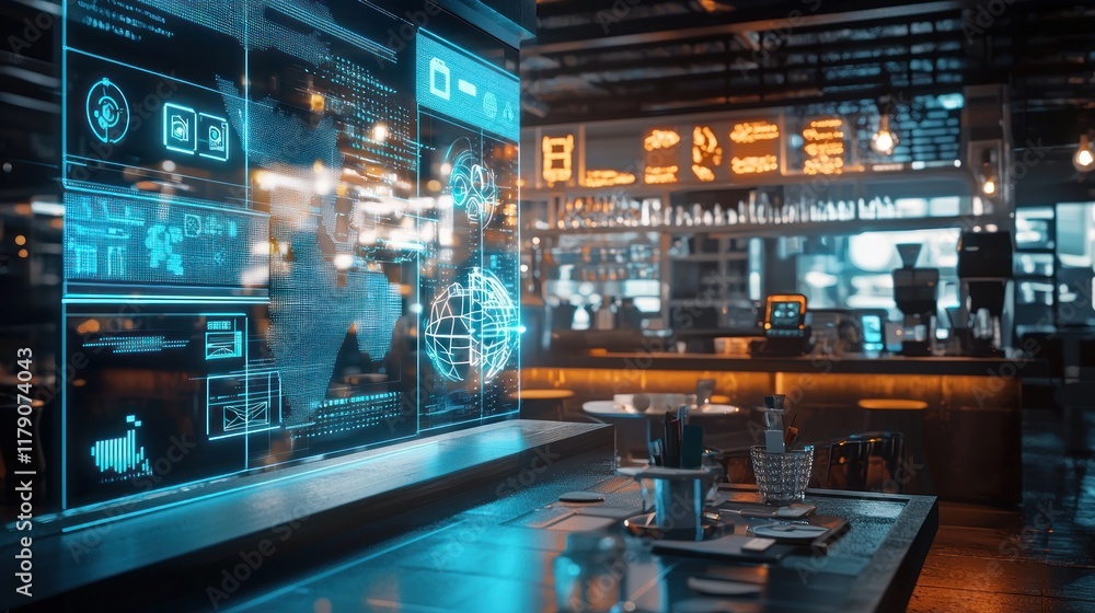 Futuristic Cafe: Digital Interface & Modern Design Futuristic Cafe: Digital Interface & Modern Design