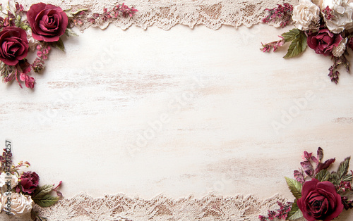 Wallpaper Mural Romantic deep red roses and lace border frame on textured vintage paper background create elegant Victorian style holiday greeting design Torontodigital.ca