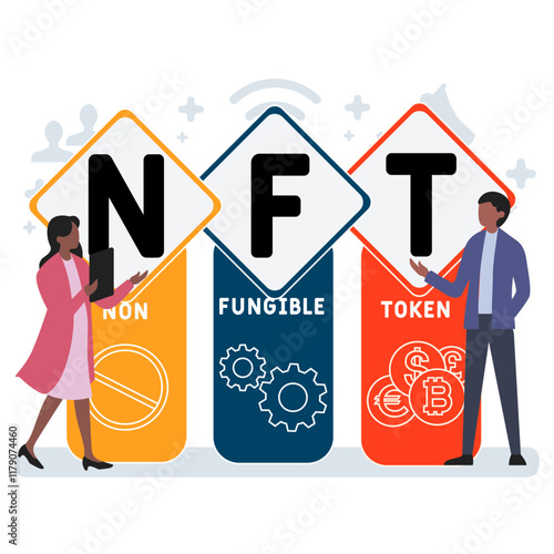 NFT non-fungible token acronym. business concept background. vector illustration concept with keywords and icons. lettering illustration with icons for web banner, flyer, landing pag