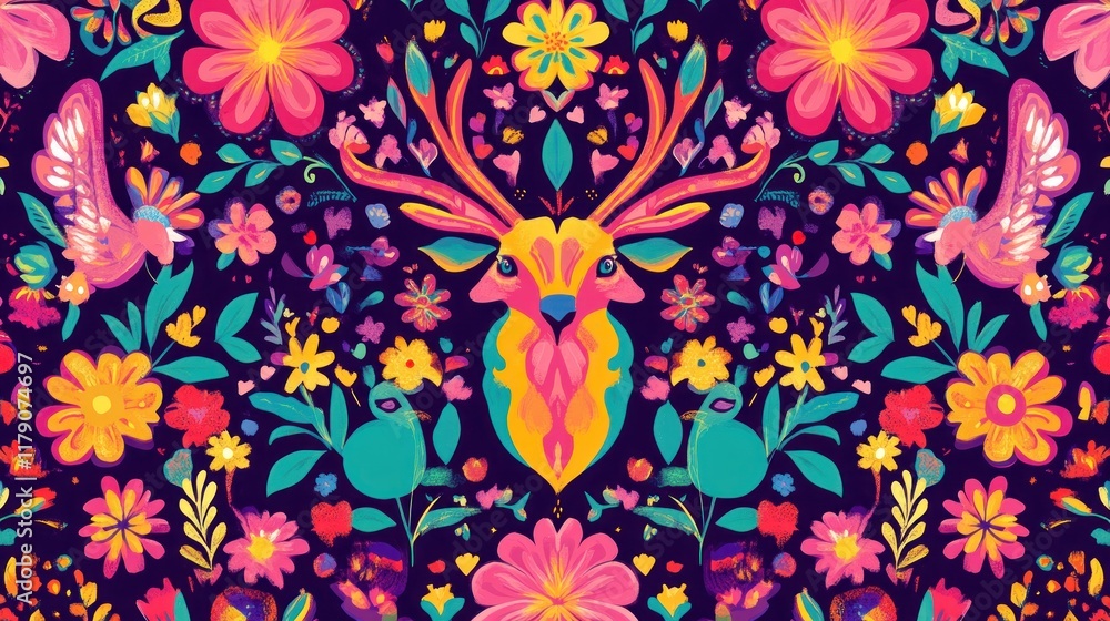 Naklejka premium Vibrant floral pattern with deer and birds.