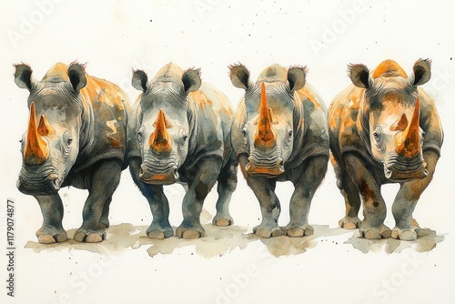 A colorful illustration of four rhinos walking together, showcasing art and wildlife. photo