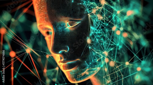 Abstract digital portrait of a human face with glowing network connections.