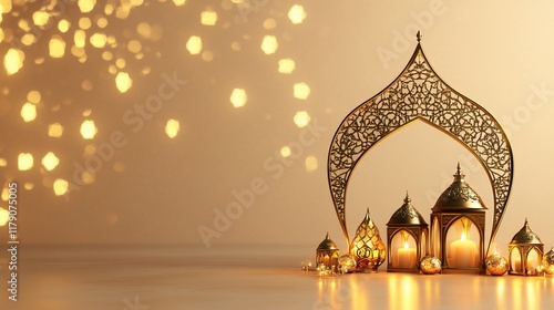 Golden Islamic lanterns and arch with bokeh lights. photo