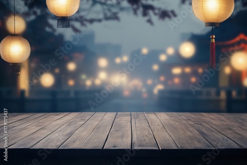 Wooden table, lanterns, misty Asian town, night, product display photo