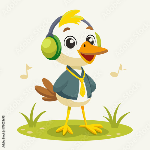 Cartoon Duck with Headphones - Playful Music Lover Illustration on Grass