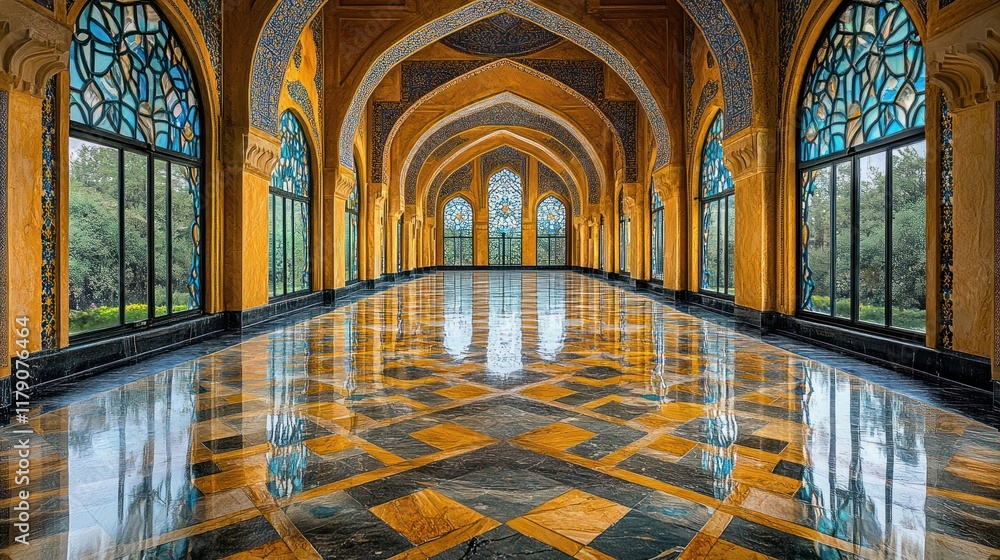 Obraz premium Grand hall with ornate arches, stained glass windows, and polished marble floor.