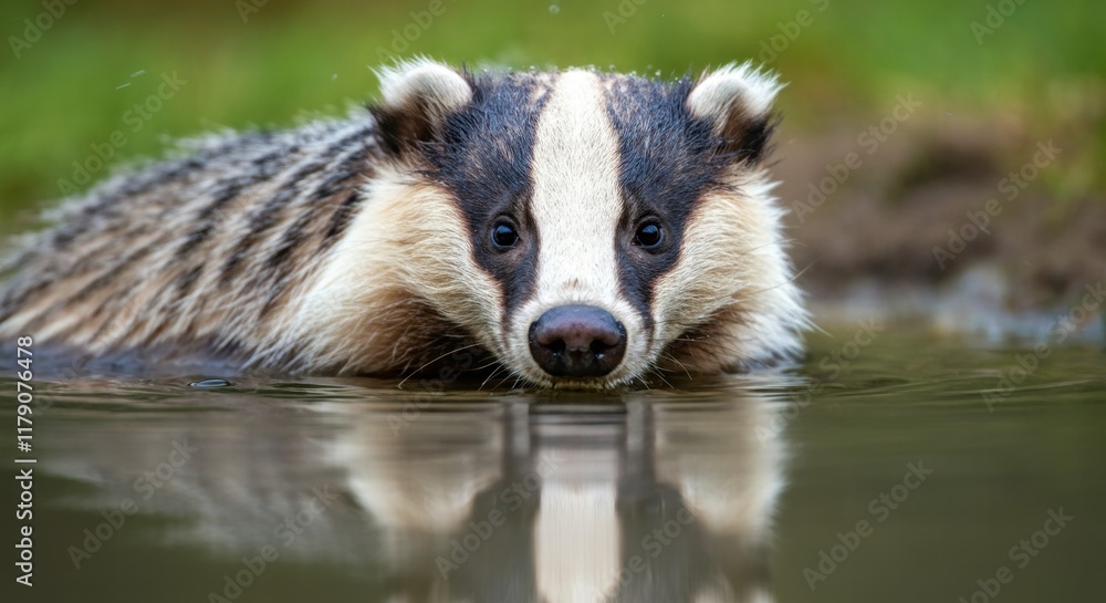 European badger swimming in pond with reflective water surface European badger swimming in pond with reflective water surface