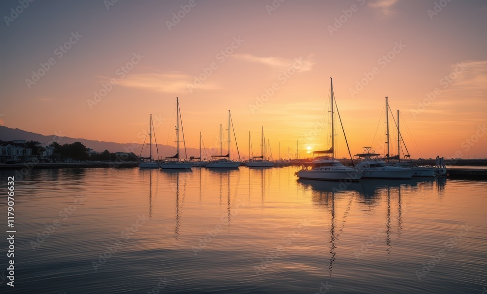 Serene sunset over calm marina waters Serene sunset over calm marina waters