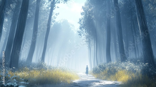 Solitary figure walking on a path through a misty forest.