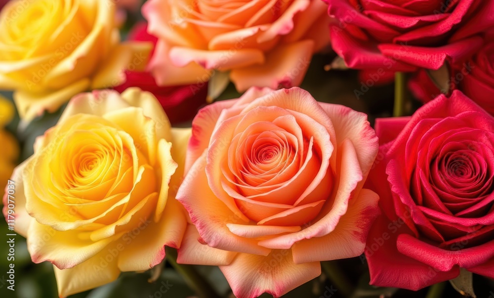 Vibrant mixed roses in bloom Vibrant mixed roses in bloom