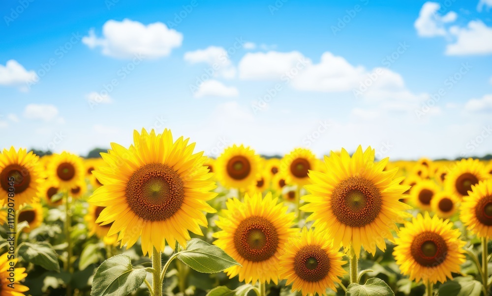Vibrant sunflowers blooming under blue sky Vibrant sunflowers blooming under blue sky
