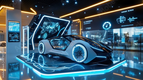 Futuristic electric concept car showcased in a modern showroom with interactive displays.