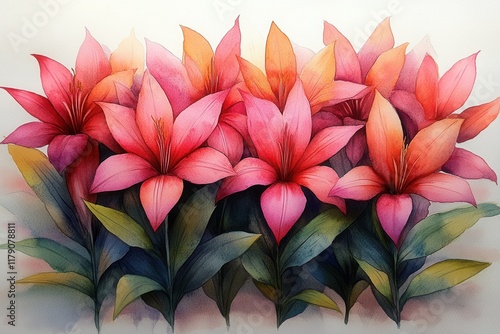 Wallpaper Mural A vibrant watercolor illustration of pink lilies arranged in a harmonious pattern. Torontodigital.ca