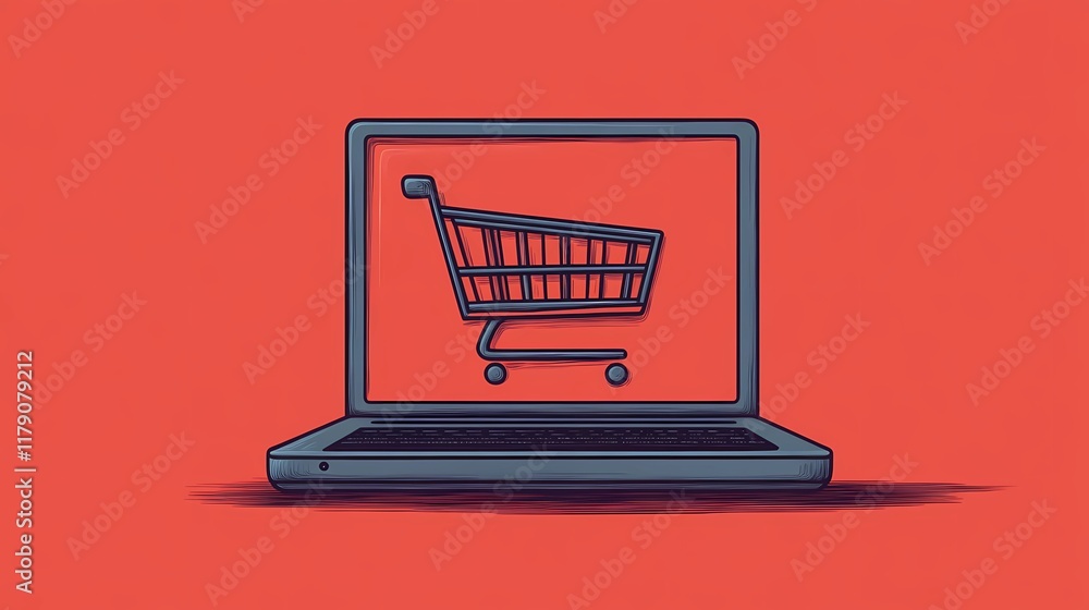 Laptop with floating shopping cart and box illustrations, representing e-commerce and digital shopping in a clean abstract illustration.