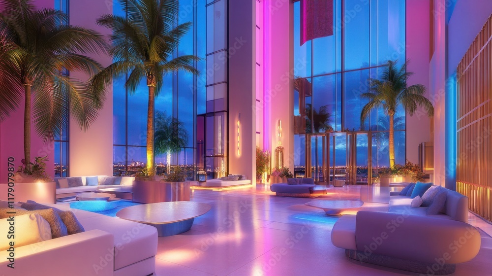 Naklejka premium Luxurious high-rise lobby with vibrant neon lighting, palm trees, and modern furniture at dusk.