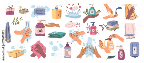 Personal hygiene products collection. Vector isolated paper and textile towels, solid and liquid plant based soaps. Natural and organic cleansing and handwashing. Health care and well being