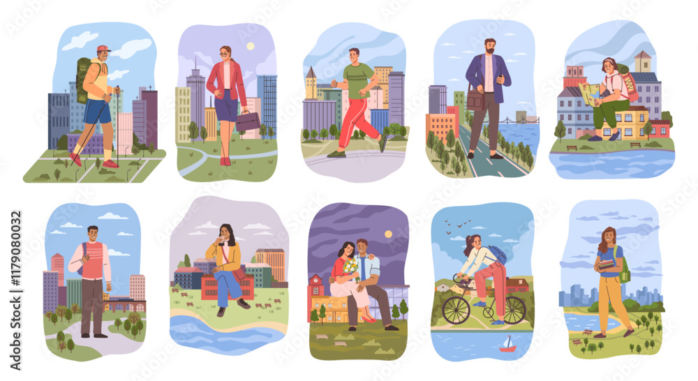 Big people at street. Vector giant characters in city, modern urban lifestyle. Day cityscape. Gigantic couple, businessmen and student, sportsmen and tourists. Life of huge personages Big people at street. Vector giant characters in city, modern urban lifestyle. Day cityscape. Gigantic couple, businessmen and student, sportsmen and tourists. Life of huge personages