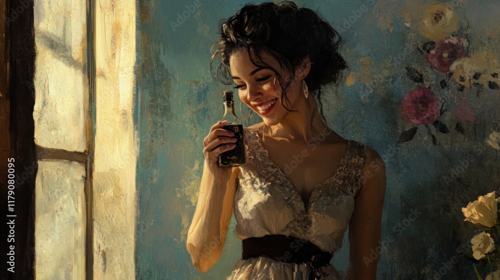 Obraz premium Smiling woman in vintage dress examines small bottle by sunlit window.