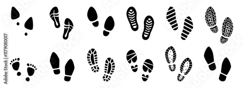 Various human footprints, isolated women and men footmarks collection. Vector male and female tracks in grunge style. Set of step symbols. Barefoot and stilettos, sneaker and shoes footsteps