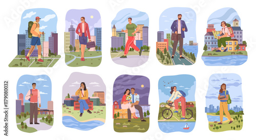 Big people at street. Vector giant characters in city, modern urban lifestyle. Day cityscape. Gigantic couple, businessmen and student, sportsmen and tourists. Life of huge personages