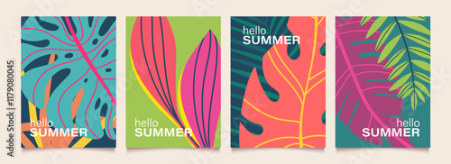 Abstract summer background with tropical leaves. Modern minimalist templates for poster, card, party, celebration, banner, cover. Vector illustration.