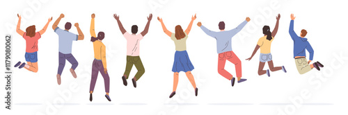 Group of happy community jumping expressing success, back view. Vector isolated young cartoon characters joyful hopping, dancing multiracial people with raised hands. Happiness and freedom