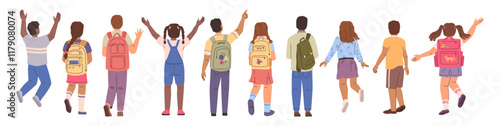 Children different nationalities with backpacks walking. Vector isolated group of kids with rucksacks jumping and standing. Cartoon characters in casual clothes waving hands and hopping